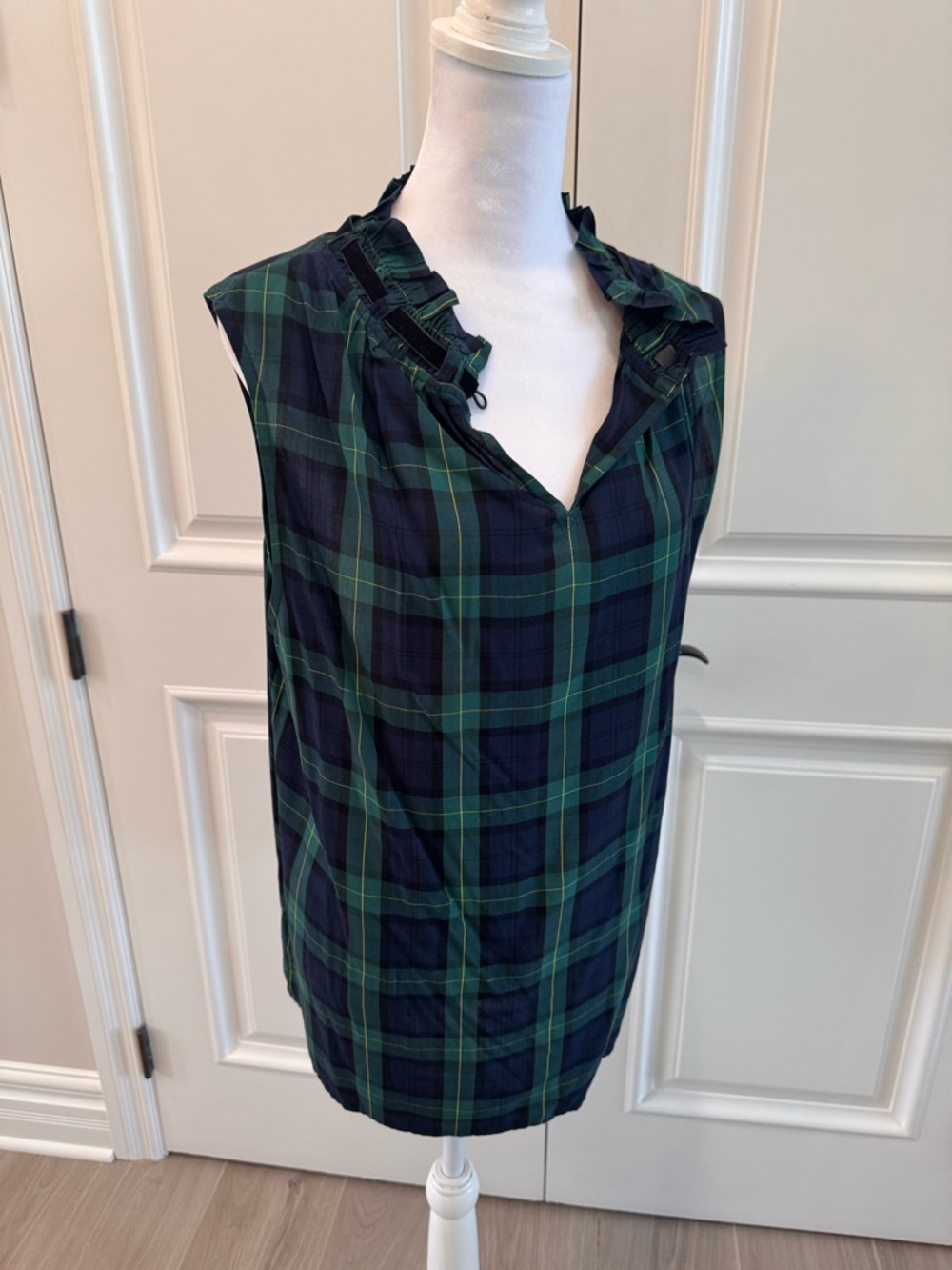 Talbots Navy and Green Plaid Sleeveless Ruffle V-Neck Top